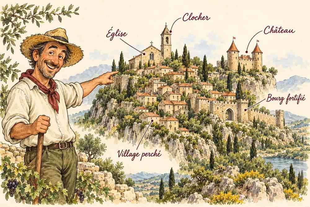 A family hiking along a trail overlooking the village of Caramany