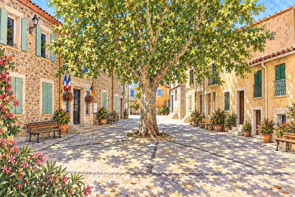 La plaza del ayuntamiento de Caramany a la sombra de su gran árbol