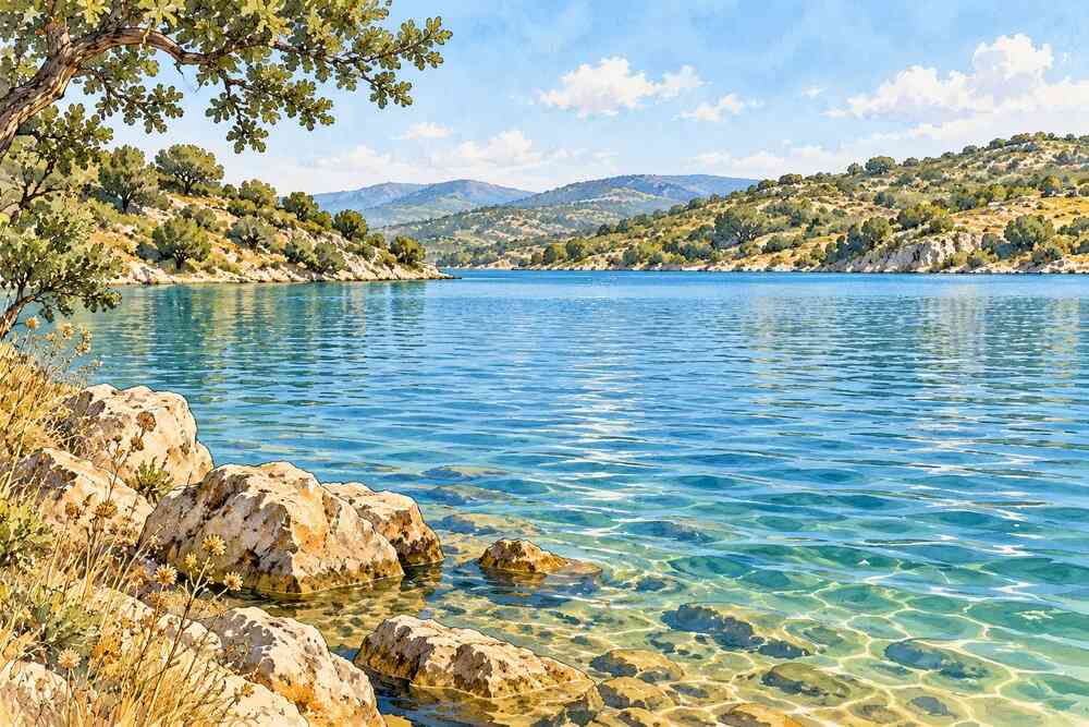 Le lac de Caramany vu depuis la berge, entre les collines