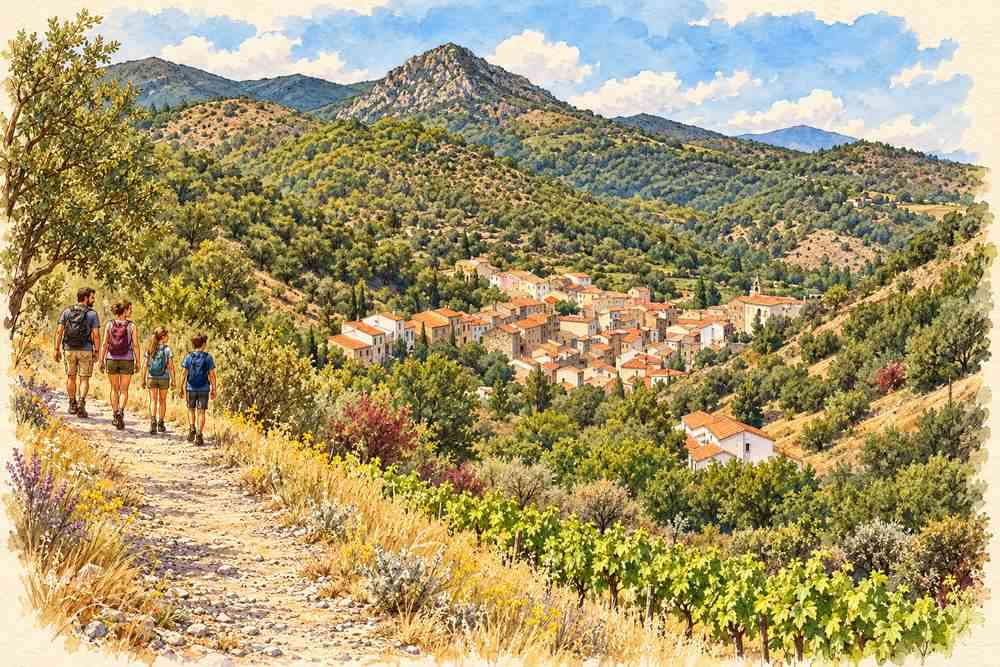 Une famille en randonnée sur un sentier avec vue sur le village de Caramany