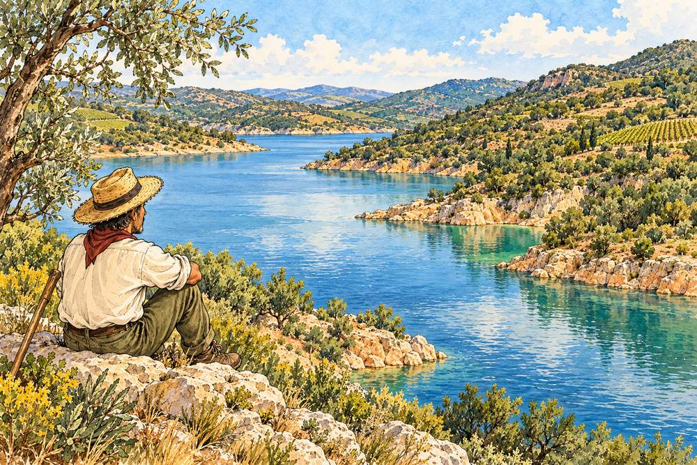 le lac de Caramany et les collines